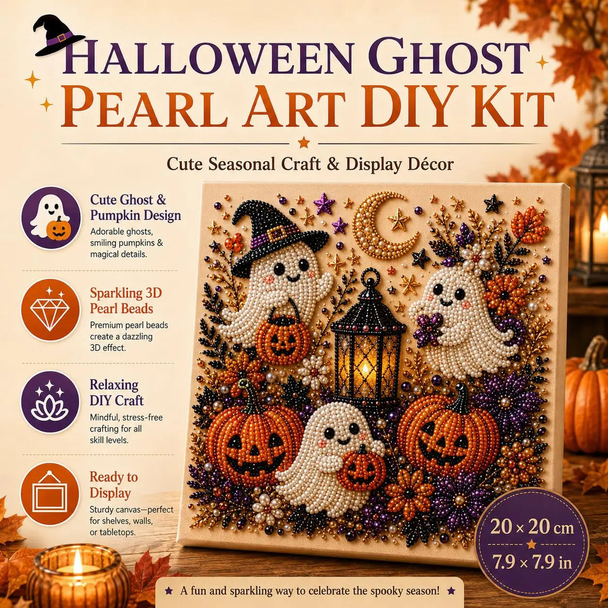Halloween Ghost Pearl Art DIY Kit promotional graphic showing a completed beaded canvas artwork with pumpkins, ghosts, a moon, stars, and a lantern. The image includes product title text, feature callouts on the left, size information in a purple circle at bottom right, and a warm autumn background with candles and pumpkins.