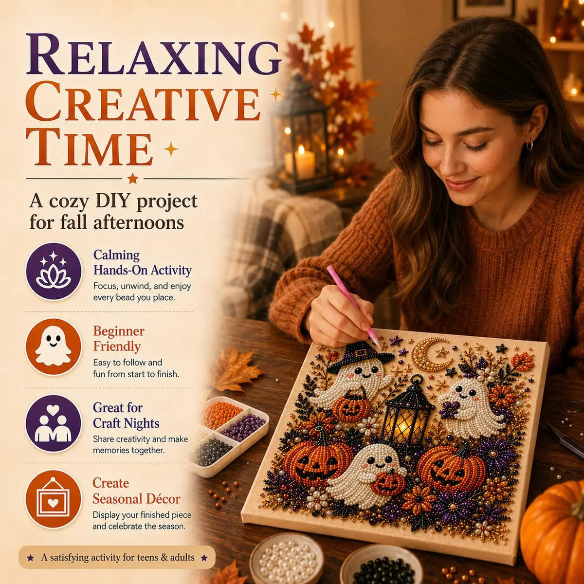 A woman sits at a table creating a decorative Halloween-themed bead art piece. The scene is warmly lit with candles and autumn leaves in the background, with large promotional text on the left reading 'RELAXING CREATIVE TIME' and feature callouts about a calming hands-on activity, beginner-friendly design, great for craft nights, and creating seasonal decor.
