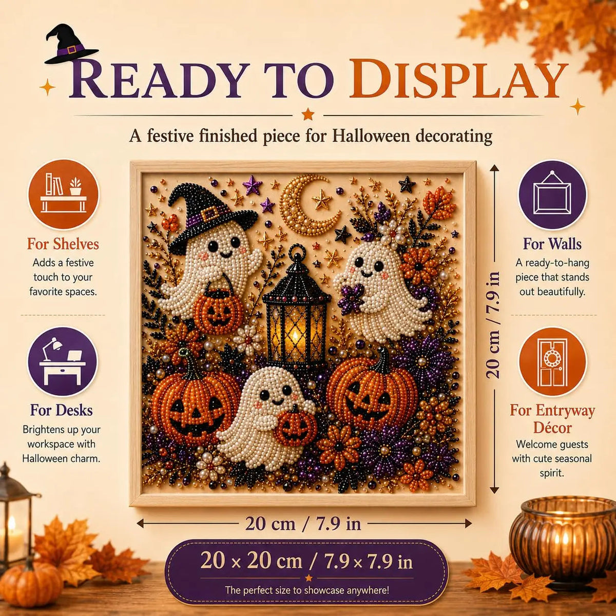 A framed Halloween decorative piece displayed on a wooden surface with promotional text around it. The artwork shows two white ghosts, orange pumpkins, a black witch hat, a lantern, stars, and autumn leaves.