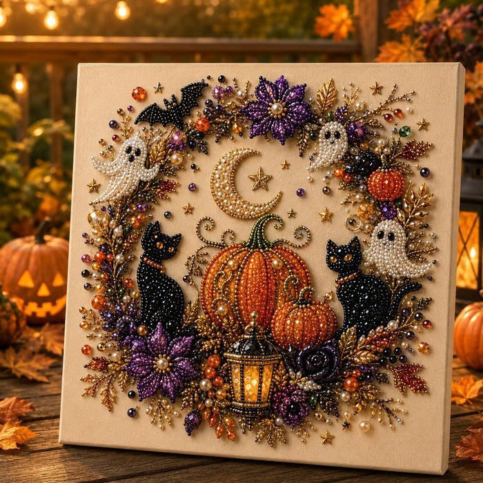 A square beaded Halloween wall art piece featuring a crescent moon, stars, pumpkins, ghosts, black cats, purple flowers, and a lantern, displayed on a wooden surface with a warm, blurred autumn background.