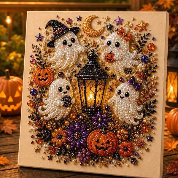 A square Halloween-themed beaded wall art piece featuring four white ghosts, two orange pumpkins, a black witch hat, a glowing lantern, stars, and purple flowers on a cream background, displayed in a warm, festive setting with blurred pumpkins and lights.