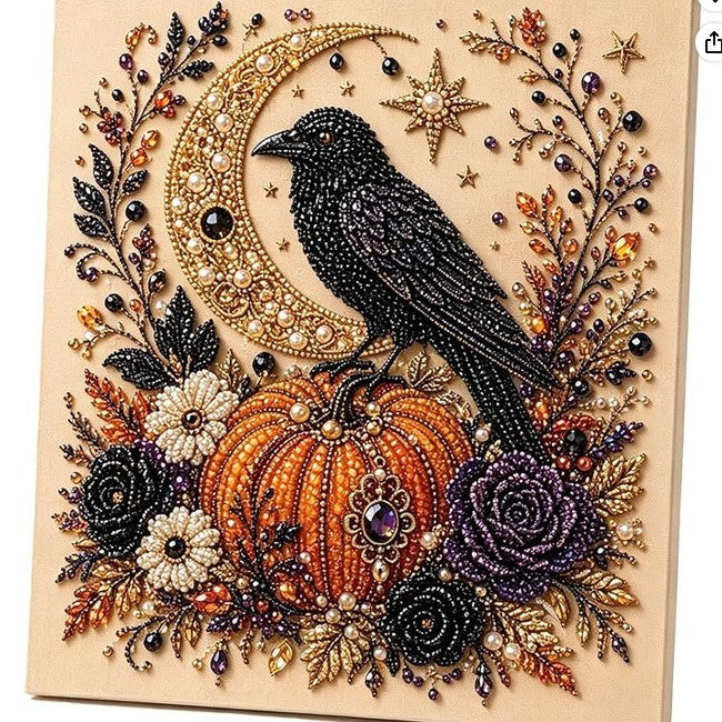 A square beaded art piece featuring a black raven perched on an orange pumpkin, surrounded by a gold crescent moon, stars, purple and white flowers, and ornate autumn leaves on a beige background.
