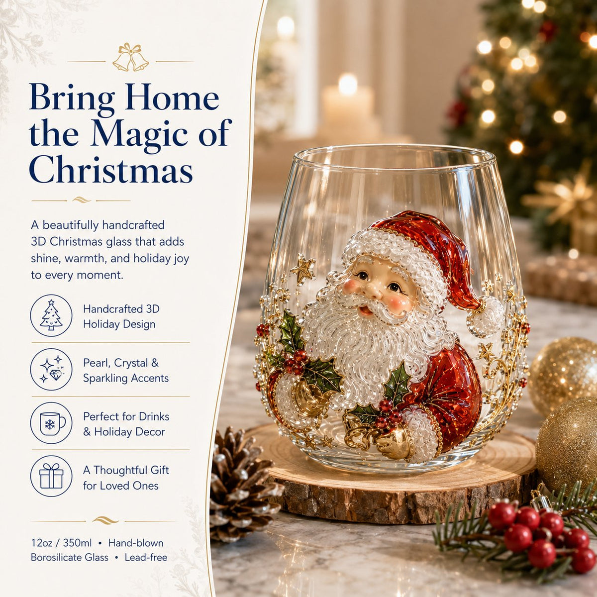 🎄✨ 3D Christmas Glass Art Cup | Luxury Raised Holiday Glassware for Drinks, Decor & Christmas Gifts