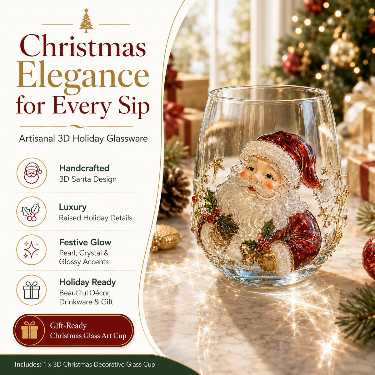 🎄✨ 3D Christmas Glass Art Cup | Luxury Raised Holiday Glassware for Drinks, Decor & Christmas Gifts