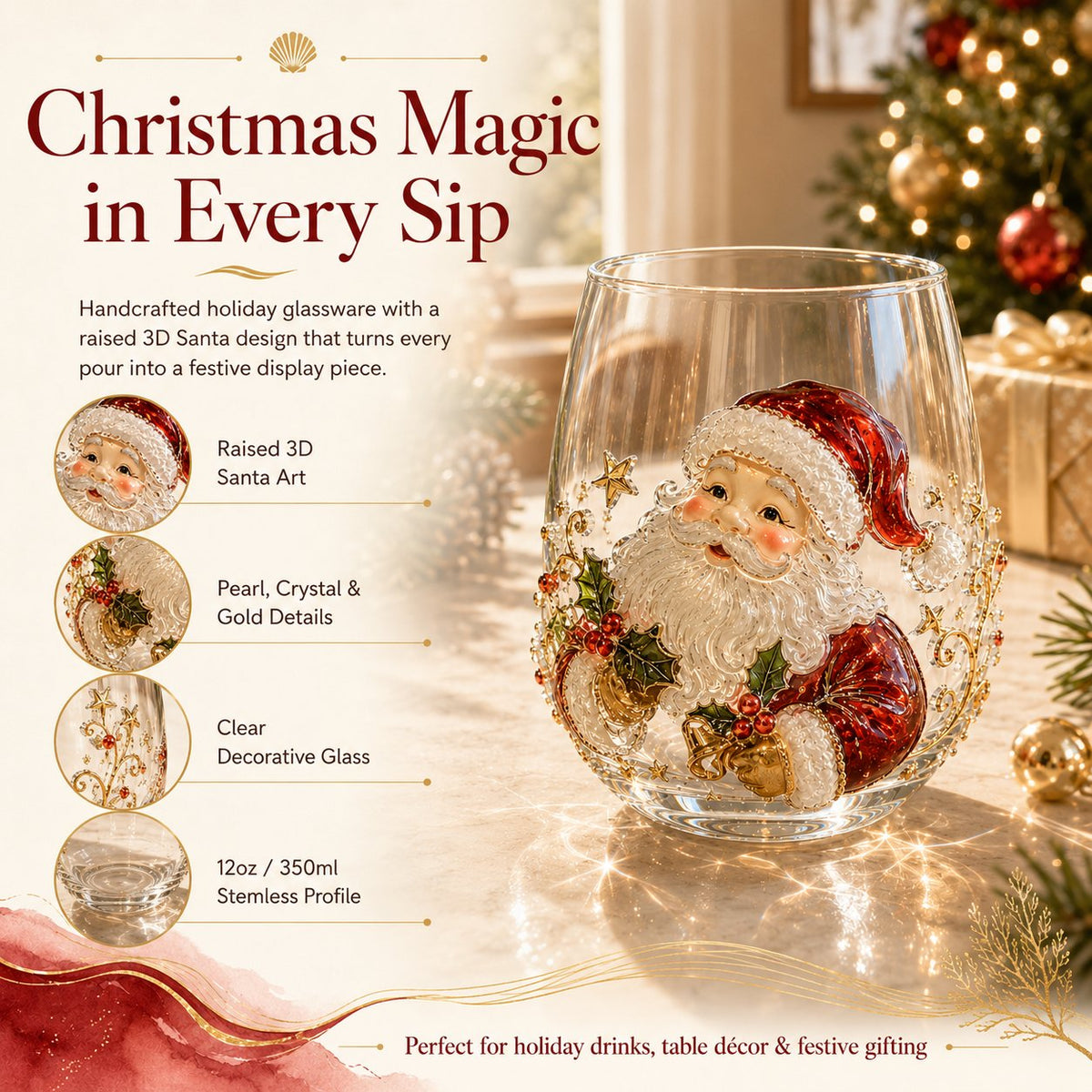 🎄✨ 3D Christmas Glass Art Cup | Luxury Raised Holiday Glassware for Drinks, Decor & Christmas Gifts