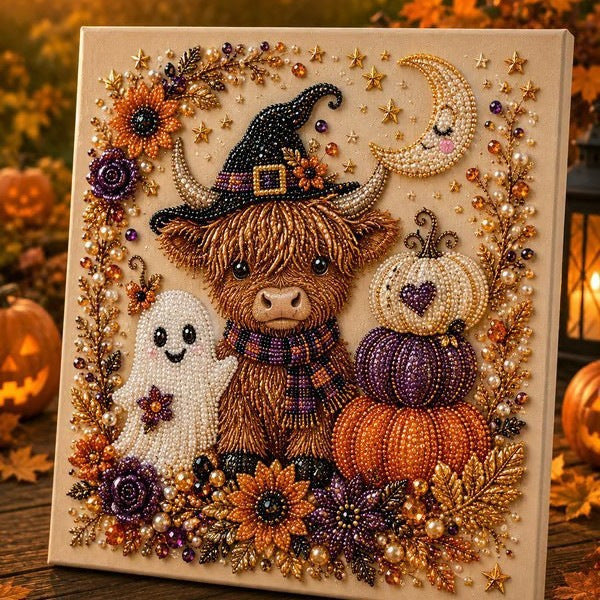 A square beaded canvas art piece featuring a cute Highland cow in a witch hat, a white ghost, stacked pumpkins, sunflowers, stars, and a crescent moon, displayed against a warm autumnal background.