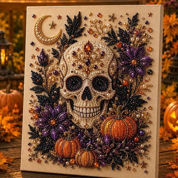 A square beaded artwork featuring a central skull surrounded by purple flowers, orange pumpkins, black leaves, stars, and a gold crescent moon, displayed on a wooden surface with a warm autumn background.